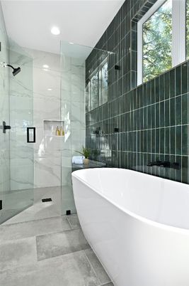 Bathroom, Free Standing Baths, Glass Shower, Interior, Marble Walls, Recessed Lighting