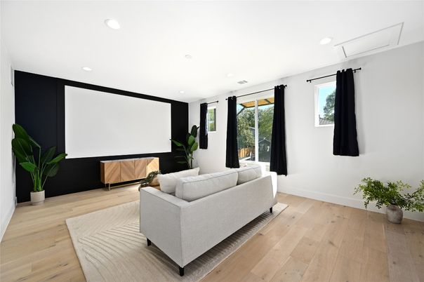 Interior, Projection Screen, Recessed Lighting, Wood Texture Flooring