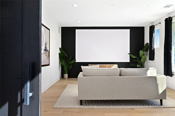 Interior, Projection Screen, Recessed Lighting, Wood Texture Flooring