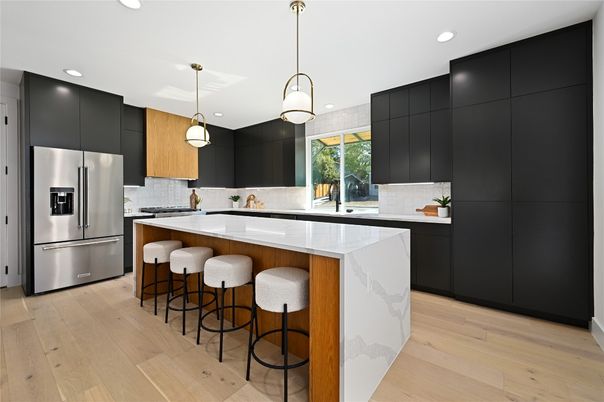 Interior, Kitchen, Pendant Lights, Recessed Lighting, Stainless Steel Appliances, Wood Texture Flooring
