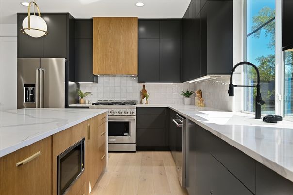 Interior, Kitchen, Pendant Lights, Recessed Lighting, Stainless Steel Appliances, Wood Texture Flooring