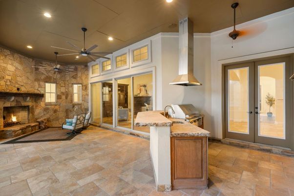 Fireplace, Interior, Recessed Lighting, Stone Walls