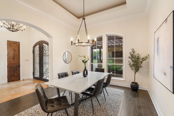 Chandelier, Dining room, Interior, Pendant Lights, Wood Texture Flooring