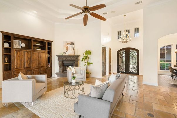 Chandelier, Fireplace, Interior, Living room, Recessed Lighting