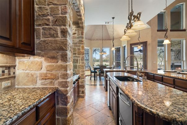 Chandelier, Dining room, Interior, Kitchen, Pendant Lights, Stone Walls