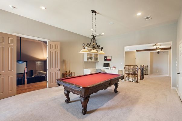 Billiard Table, Chandelier, Game Room, Interior, Recessed Lighting, Wood Texture Flooring