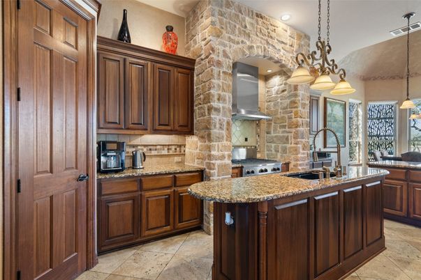 Interior, Kitchen, Pendant Lights, Recessed Lighting, Stone Walls