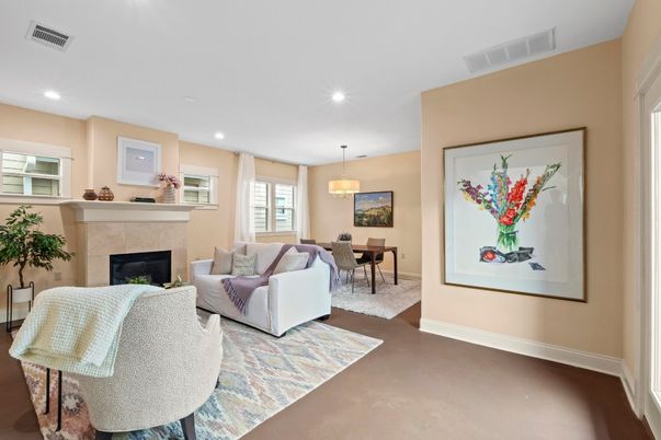 Dining room, Fireplace, Interior, Living room, Pendant Lights, Recessed Lighting