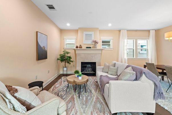Dining room, Fireplace, Interior, Living room, Recessed Lighting