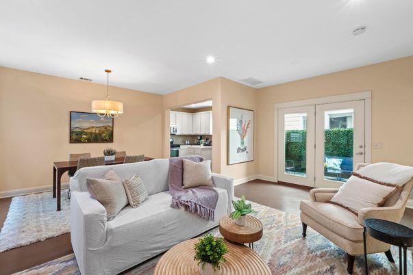 Dining room, Interior, Living room, Pendant Lights, Recessed Lighting, Wood Texture Flooring