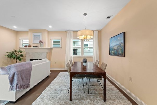 Chandelier, Dining room, Fireplace, Interior, Recessed Lighting, Wood Texture Flooring