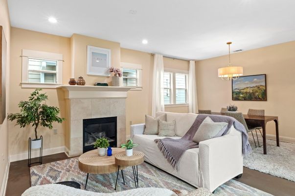 Dining room, Fireplace, Interior, Living room, Pendant Lights, Recessed Lighting, Wood Texture Flooring