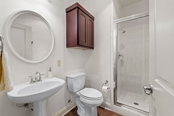 Bathroom, Glass Shower, Interior, Wood Texture Flooring