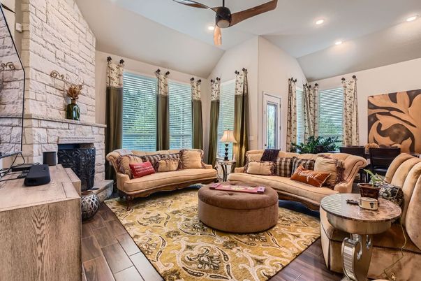 Fireplace, Interior, Living room, Recessed Lighting, Stone Walls, Wood Texture Flooring