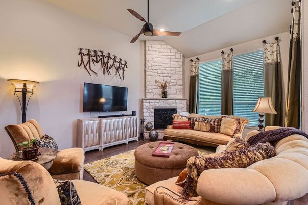 Fireplace, Interior, Living room, Recessed Lighting, Stone Walls, Wood Texture Flooring