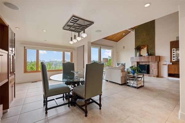 Dining room, Fireplace, Interior, Living room, Pendant Lights, Recessed Lighting, Wooden Beams, Wooden Ceilings