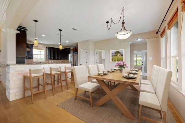 Dining room, Interior, Kitchen, Pendant Lights, Recessed Lighting, Wood Texture Flooring