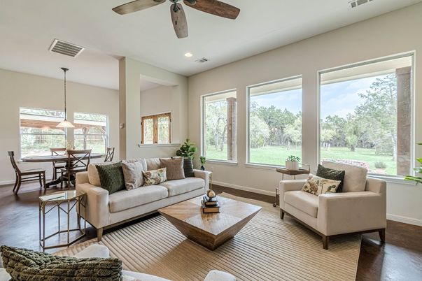 Dining room, Interior, Living room, Pendant Lights, Recessed Lighting, Wood Texture Flooring