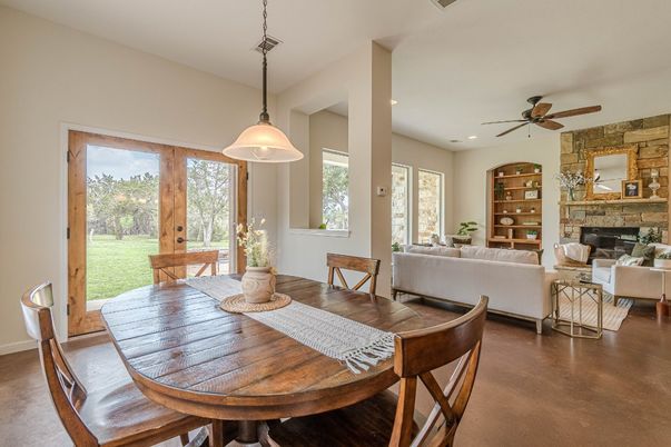 Dining room, Fireplace, Interior, Living room, Pendant Lights, Recessed Lighting, Stone Walls