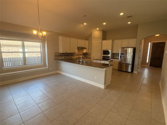 Chandelier, Empty room, Interior, Kitchen, Pendant Lights, Recessed Lighting, Stainless Steel Appliances