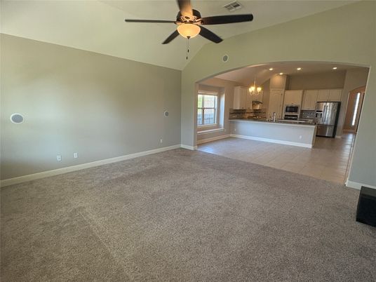 Empty room, Interior, Kitchen, Pendant Lights, Recessed Lighting, Stainless Steel Appliances
