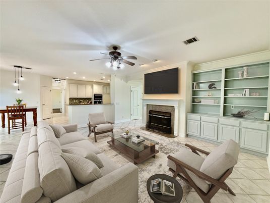 Dining room, Fireplace, Interior, Kitchen, Living room, Pendant Lights, Recessed Lighting