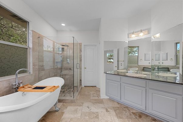 Bathroom, Dual Sink Vanities, Free Standing Baths, Glass Shower, Interior, Recessed Lighting