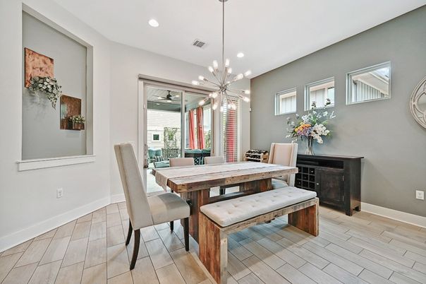 Dining room, Interior, Pendant Lights, Recessed Lighting, Wood Texture Flooring