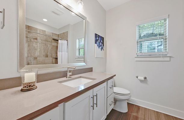 Bathroom, Interior, Recessed Lighting, Wood Texture Flooring