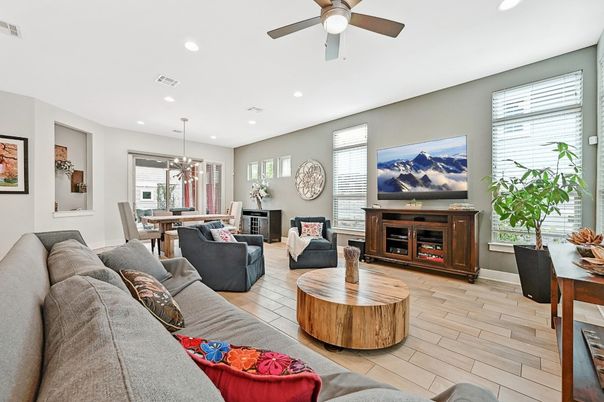 Dining room, Interior, Living room, Pendant Lights, Recessed Lighting, Wood Texture Flooring