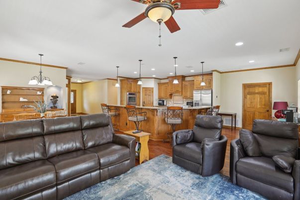 Dining room, Interior, Kitchen, Living room, Pendant Lights, Recessed Lighting, Stainless Steel Appliances, Wood Texture Flooring