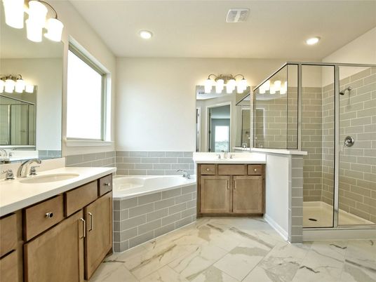 Bathroom, Dual Sink Vanities, Glass Shower, Interior, Marble, Recessed Lighting