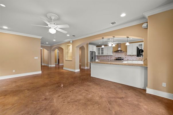 Empty room, Interior, Kitchen, Pendant Lights, Recessed Lighting, Stainless Steel Appliances