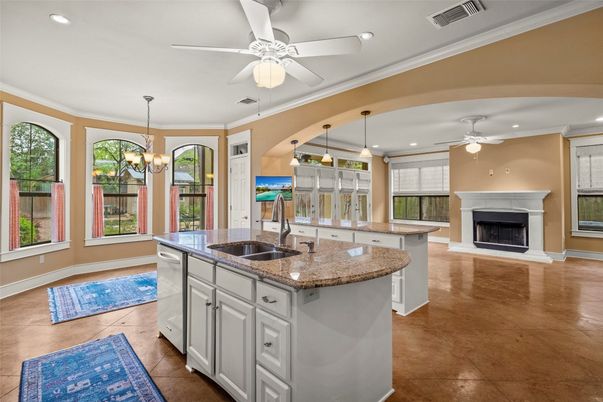 Chandelier, Fireplace, Interior, Kitchen, Recessed Lighting