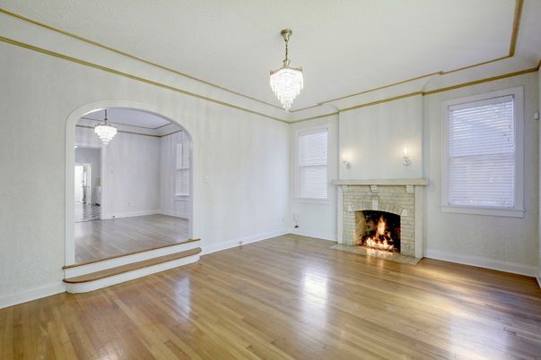 Chandelier, Empty room, Fireplace, Interior, Wood Texture Flooring
