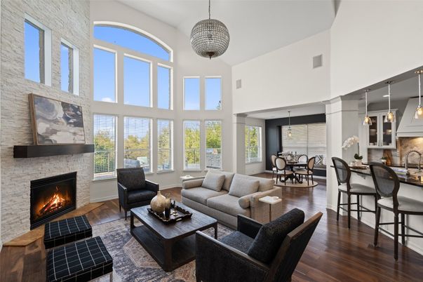 Dining room, Fireplace, Interior, Living room, Pendant Lights, Wood Texture Flooring
