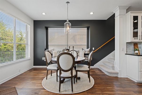 Dining room, Interior, Pendant Lights, Recessed Lighting, Wood Texture Flooring