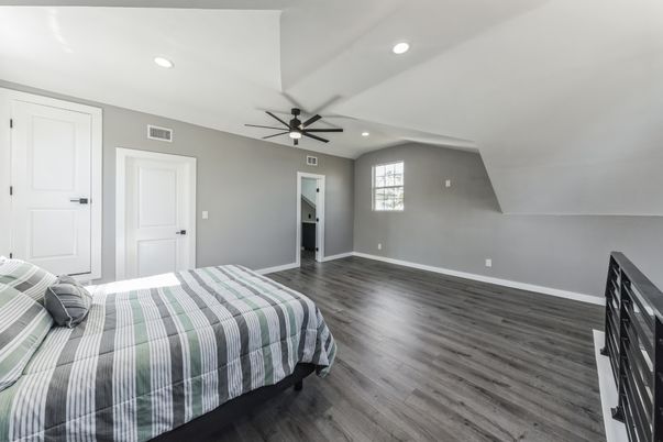 Bedroom, Interior, Recessed Lighting, Wood Texture Flooring