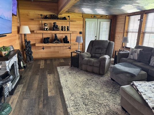 Fireplace, Interior, Living room, Wood Texture Flooring, Wooden Walls