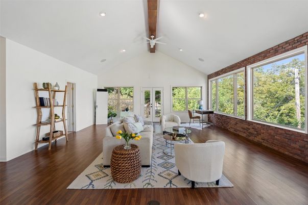 Interior, Living room, Recessed Lighting, Wooden Beams, Wood Texture Flooring