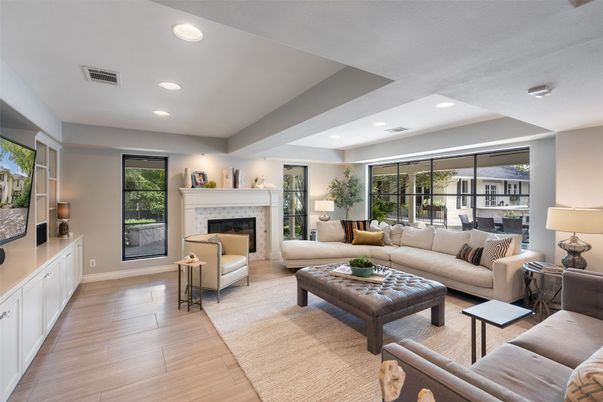 Fireplace, Interior, Living room, Recessed Lighting, Wood Texture Flooring