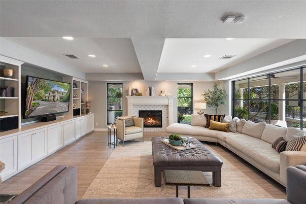Fireplace, Interior, Living room, Recessed Lighting, Wood Texture Flooring