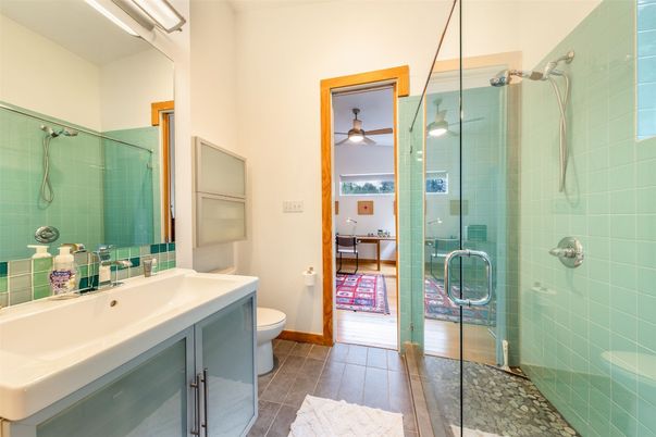 Bathroom, Glass Shower, Interior, Wood Texture Flooring