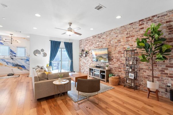 Interior, Living room, Recessed Lighting, Stone Walls, Wood Texture Flooring