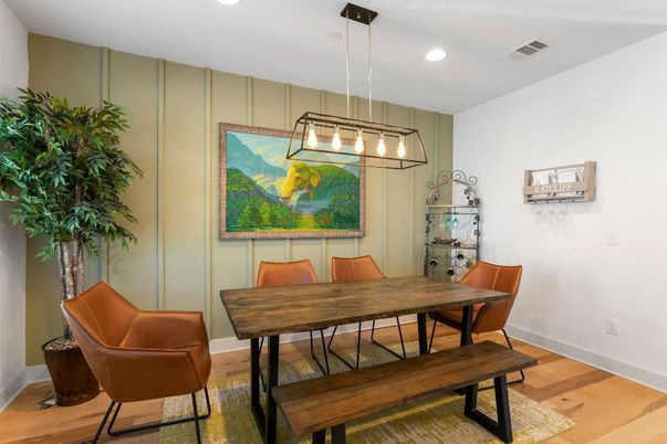 Dining room, Interior, Pendant Lights, Recessed Lighting, Wood Texture Flooring