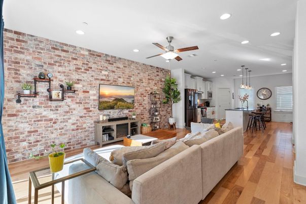 Dining room, Fireplace, Interior, Kitchen, Living room, Pendant Lights, Recessed Lighting, Stone Walls, Wood Texture Flooring