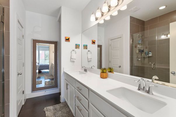 Bathroom, Dual Sink Vanities, Glass Shower, Interior, Recessed Lighting