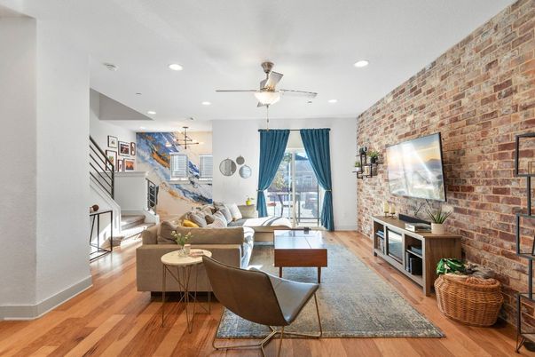 Interior, Living room, Recessed Lighting, Stone Walls, Wood Texture Flooring