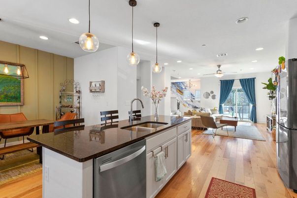 Dining room, Interior, Kitchen, Pendant Lights, Recessed Lighting, Wood Texture Flooring