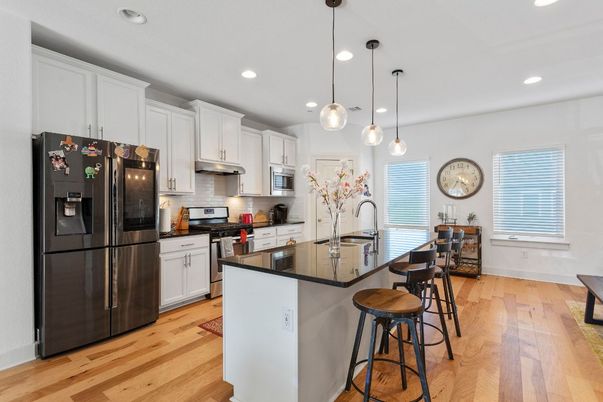 Interior, Kitchen, Pendant Lights, Recessed Lighting, Stainless Steel Appliances, Wood Texture Flooring